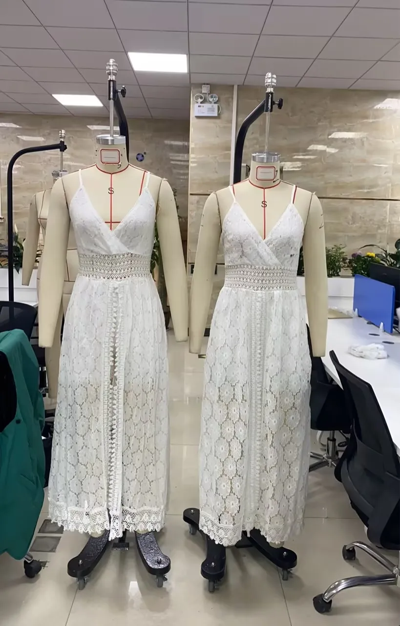 Women Summer Boho Bodysuit Dress Solid Color Hollow Out Floral Lace Sleeveless Sling Romper Casual Beach Split Long Dress