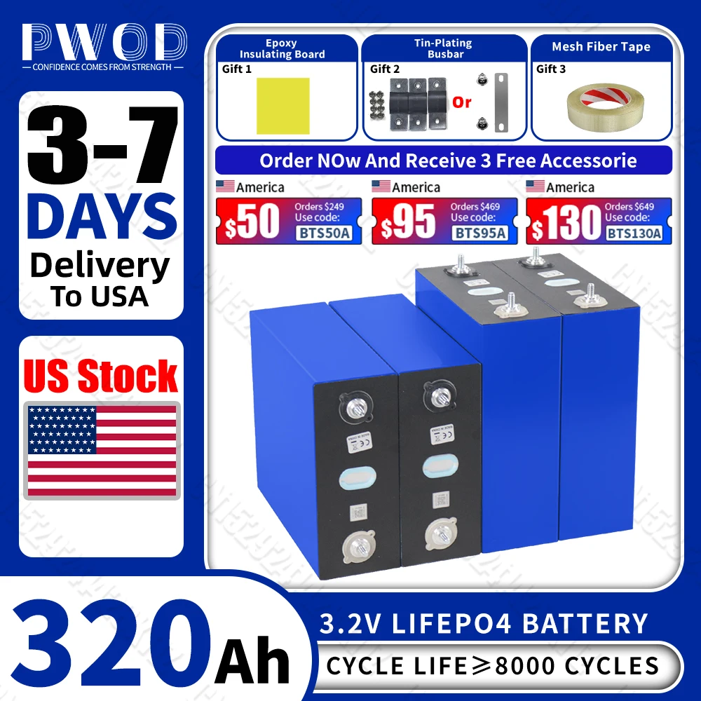 3.2V Lifepo4 Battery 320AH US Stock 8000 Cycles Rechargeable Batteries DIY 12V 24V 48V RV EV Boat Golf Cart Yacht Van Cell Pack