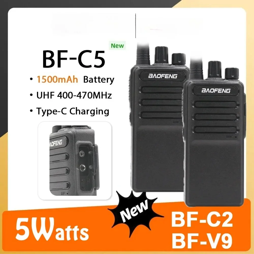 

Baofeng 1/2/4Pcs BF-C5 Walkie Talkie BF-V9 CB Two Way Ham Radios BF-C2 USB Type-C Charger 5W 1500mAh UHF 400-470MHz Upgrade 888S