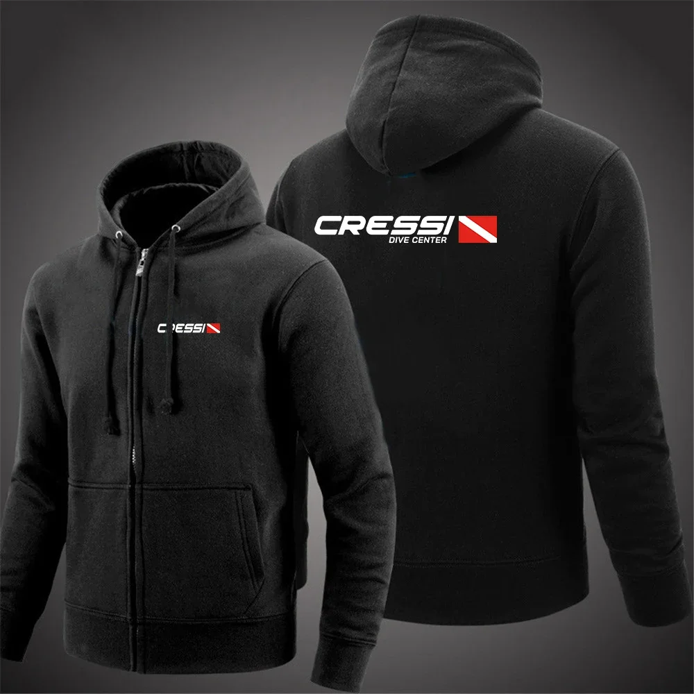 Scuba Dive Cressi 2024 Men's New Long Sleeve Printing Solid Color Zipper Hooded Jacket Casual fashion Sweatshirt Pullover Tops