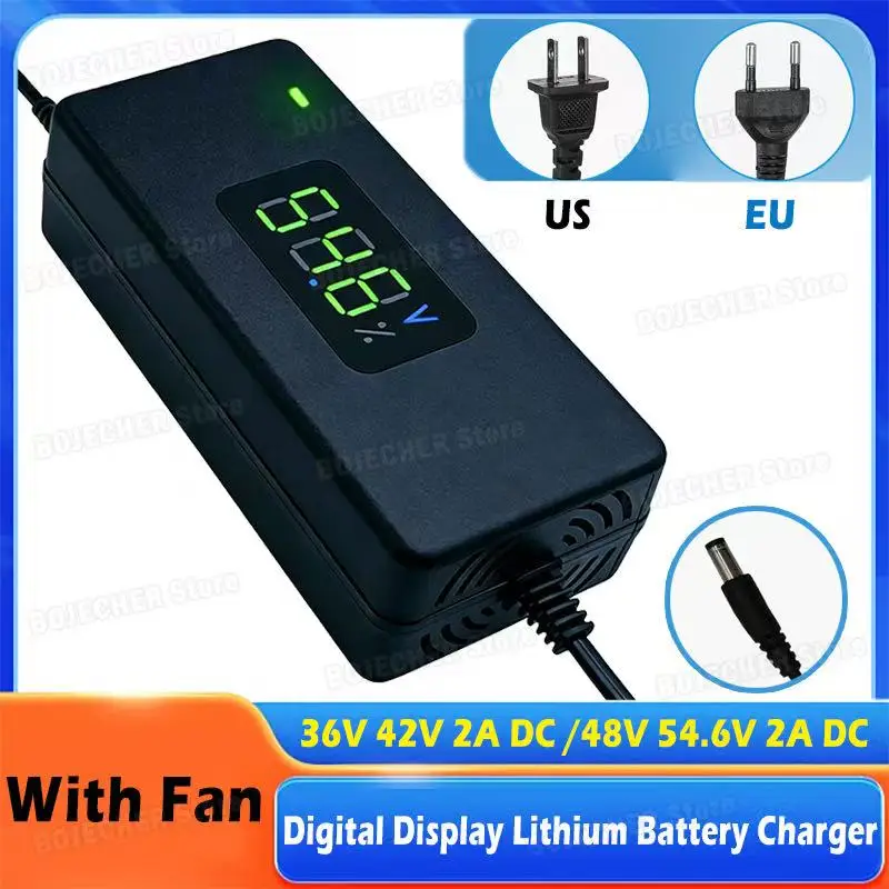 36V 42V / 48V 54,6V 2A Digital-Display Lithium-Batterie-Ladegerät DC-Stecker AC100-240V Netzteil mit Kühlventilator EU US