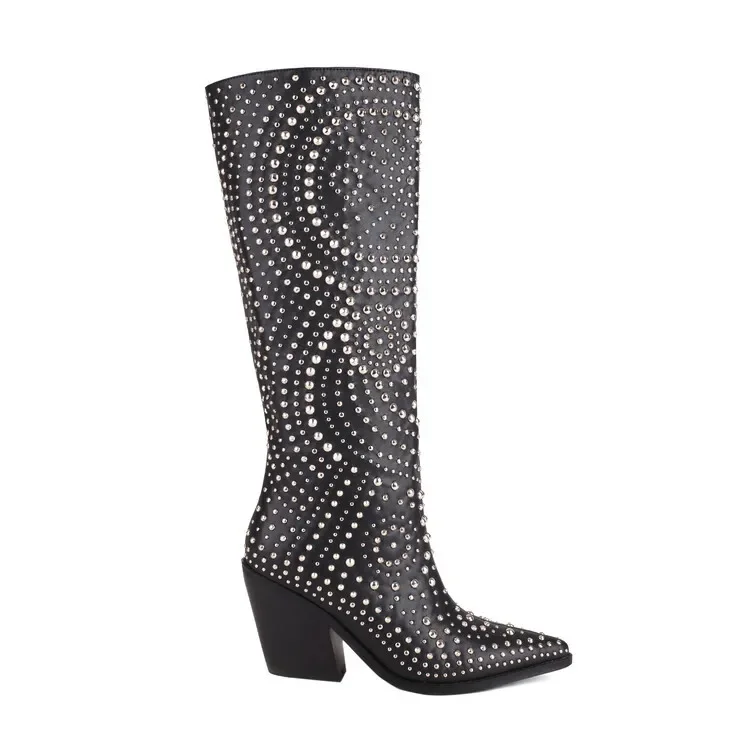 Rhinestone Pointed Toe Thick Wedge Heel Metal Rivet Knee-High Boots Large Size Western Cowboy Botines Slip-On Women Botas