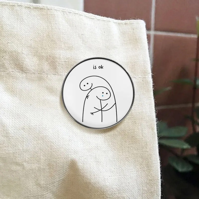 Is Ok Stick Figure Hug UV Printing Pin Mental Health Awareness Support Brooch Backpack Lapel Badge Jewelry Gift For Friends