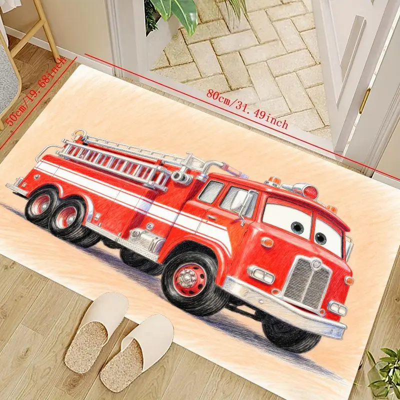 

1 шт. милый мультяшный коврик для красной пожарной машины, 50x80 см (19,68x31,49 дюйма), нескользящий коврик для декора детской комнаты, яркий автомобиль
