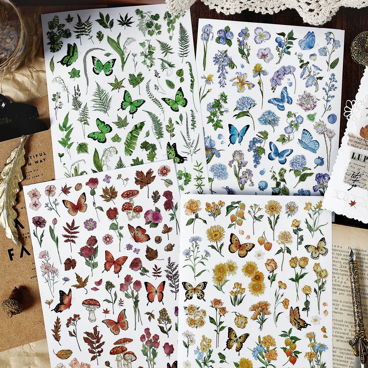 Aesthetic Butterfly Rub Ons Stickers Vintage Flower Plant Junk Journal Transfer Sticker Scrabooking Stationery Craft Supplies