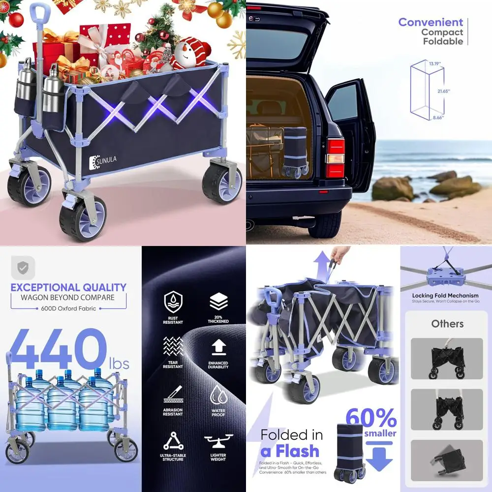 

Heavy-Duty Collapsible Utility Wagon with 440lbs Capacity, All-Terrain Wheels, Drink Holders, Ideal for Outdoor, Camping, Garden