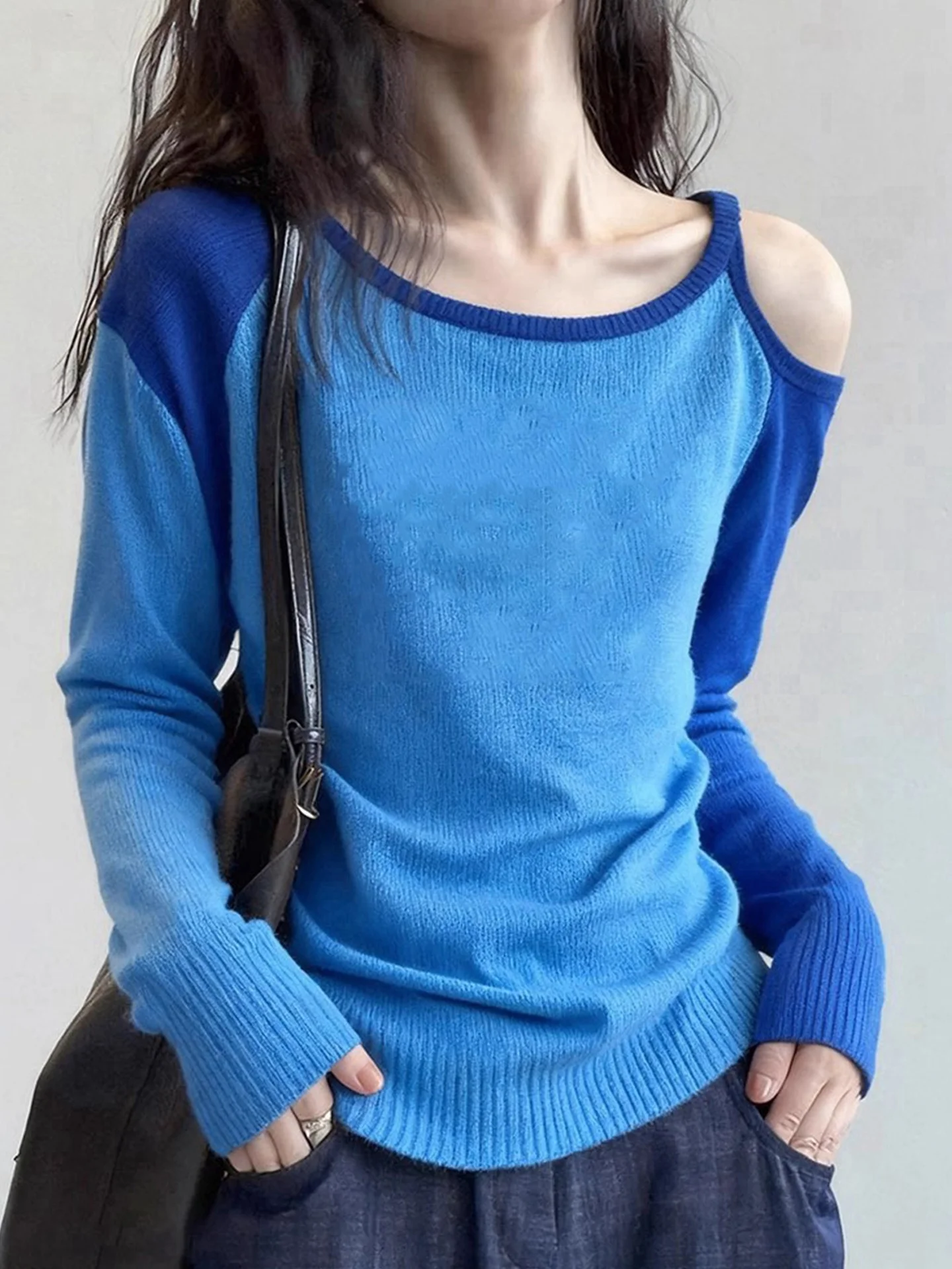 

Shoulder-Baring Color-Block Knitwear Soft And Comfortable Long-Sleeve Casual Style Unique Design Commute Friendly Spring Fashion