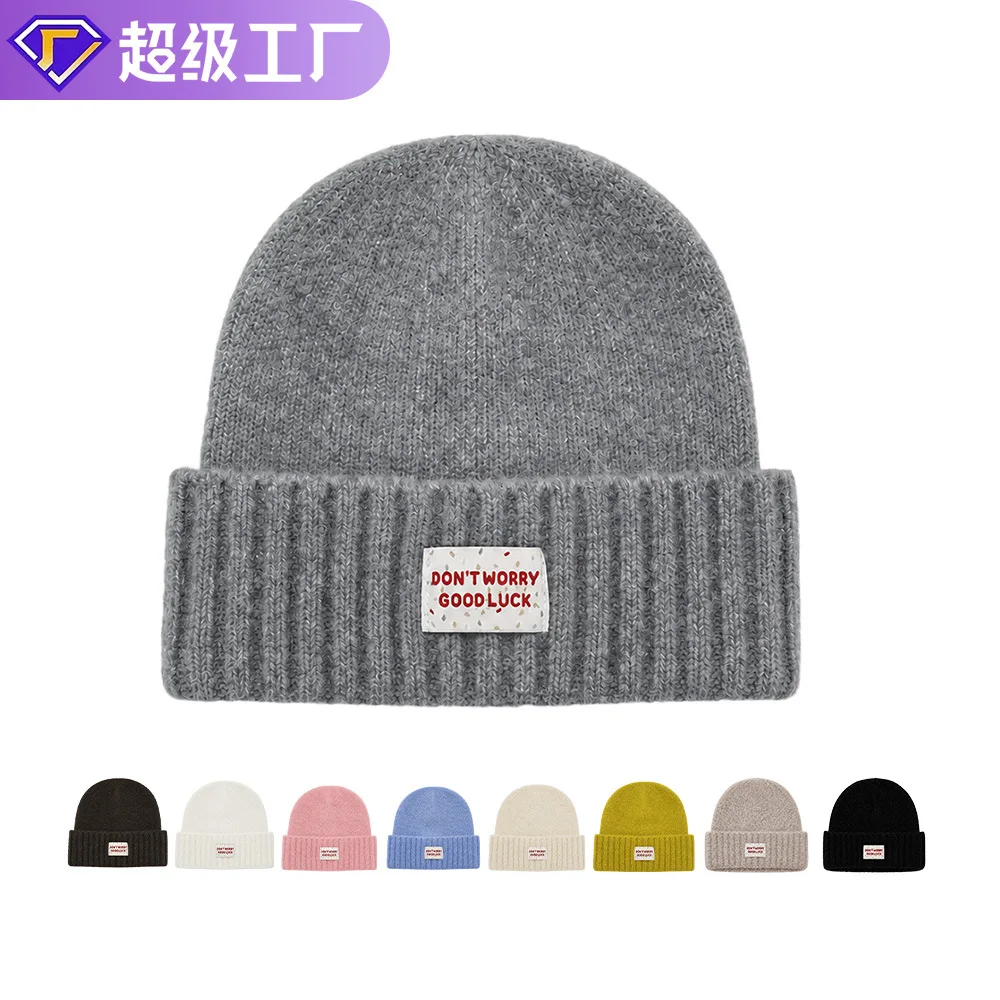 Women Winter Knitted Beanie Cute Embroidered Patch Label Warm Pullover Hat Outdoor Girl Ear Protection Skullies Cap