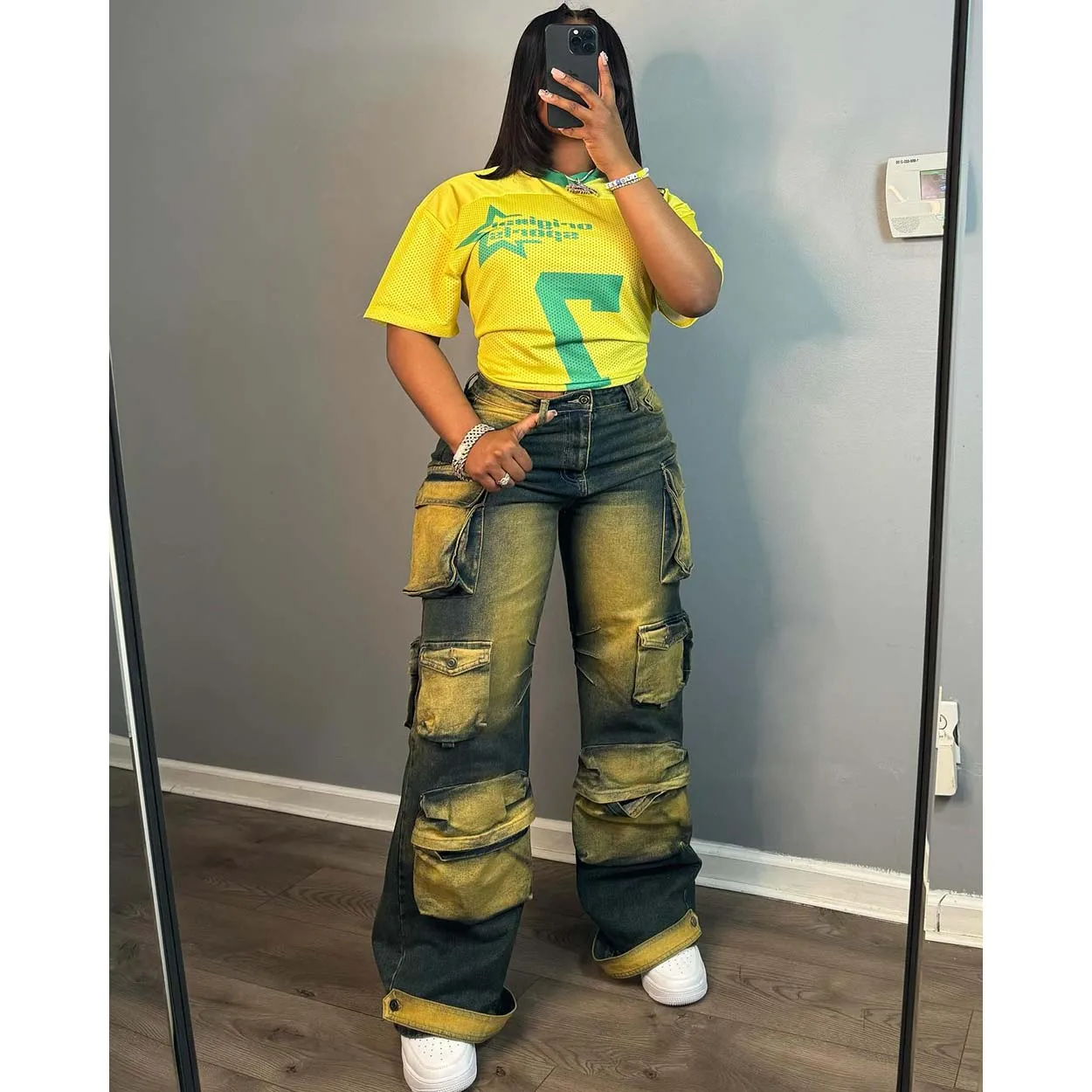 

Denim Tie Dye High Waisted Pants Y2K Streetwear 2024 Women Fall Winter Button Cargo Pocket Sexy Jean Trouser Long Pants