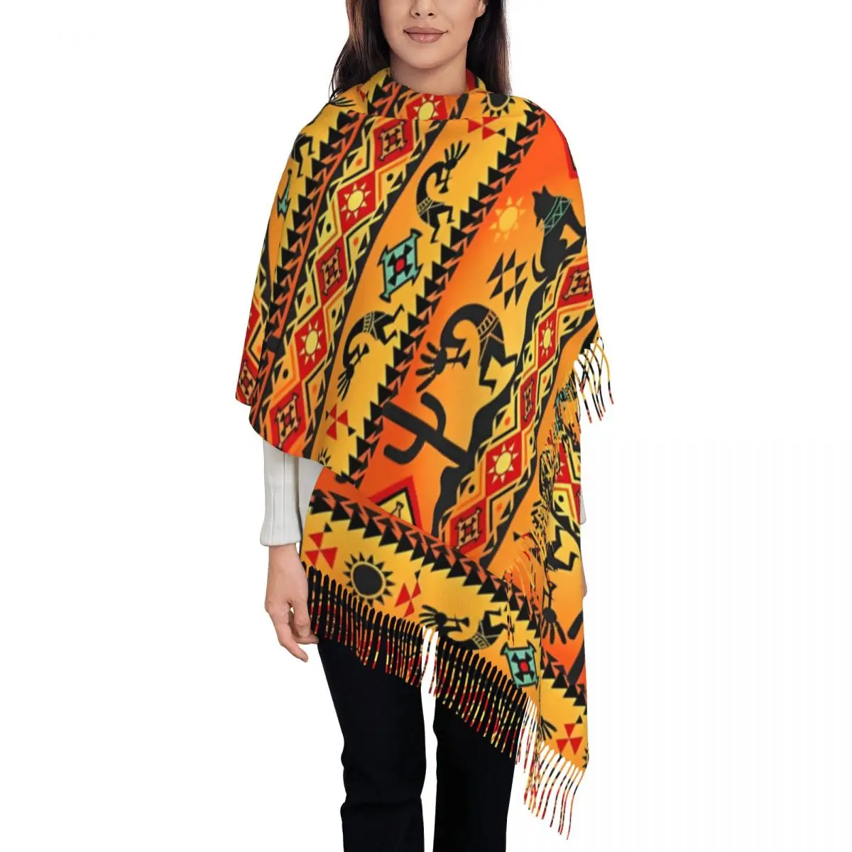 Womens Scarf with Tassel Southwestern Aztec Kokopelli Large Soft Warm Shawl Wrap African Tribal Daily Wear Cashmere Scarf