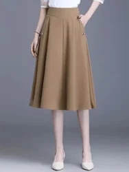 Summer plus Size Women's A-Line Skirt Elastic Waist Midi Skirt Korean Style Casual Wear High Waist Mid-Length Single Piece