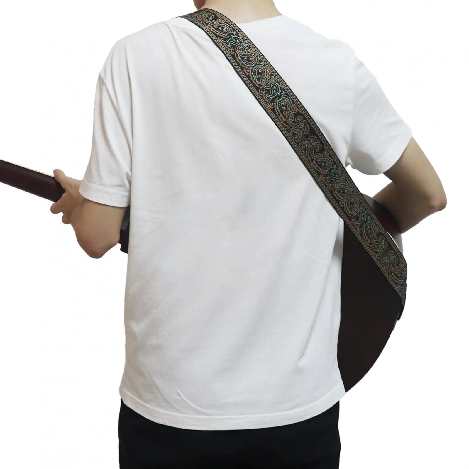 Gitarrengurt im bestickten Stil aus PU-Leder mit Plektrum-Schlitz, verstellbarer Gitarrengurt für akustische E-Gitarre und Bass – Detail 14