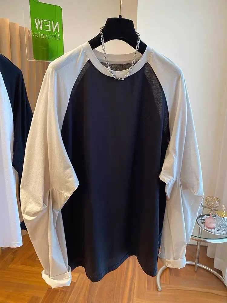 

Loose Fit Long Sve T-irt Men's Base irt oulder Insertion Splicing Color Blo Autumn Winter Large Size Top