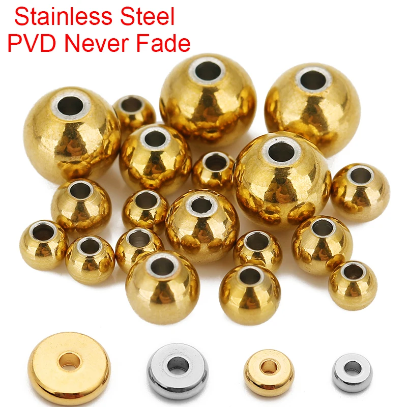 30 50pcs PVD perles d'espacement plates en acier inoxydable 4mm 5mm 6mm 8mm ne se décolore jamais perles rondes pour collier à faire soi-même bijoux Bracelet fournitures