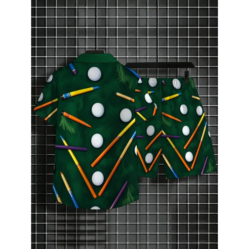Men's Green Billiards Printed Two-Piece Set Short Sleeve Shirt Long Pants Polyester Lightweight Durable Beach Casual Outfit - view 4