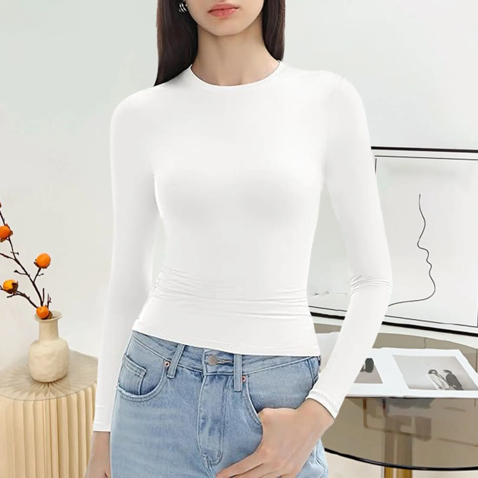 Women’S Slim Fit T Shirt Tops Long Sleeve Round Neck Tee Shirt Basic Solid Tight Cropped Shirt Workout Yoga Base Tee Crop Top