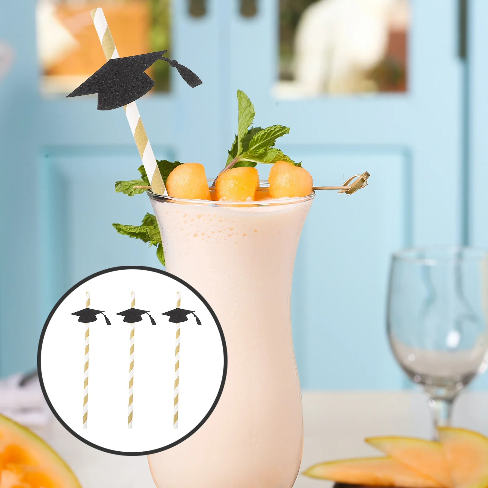 

12pcs Doctor Hat Paper Straws Long Flexible Graduation Party Supplies Birthday Decorations Black Favors Straw