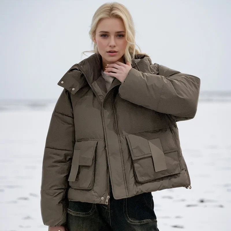 

Зимнее женское стеганое пальто, однотонная парка на молнии с большими карманами и капюшоном для женщин, большие размеры, женское хлопковое пальто