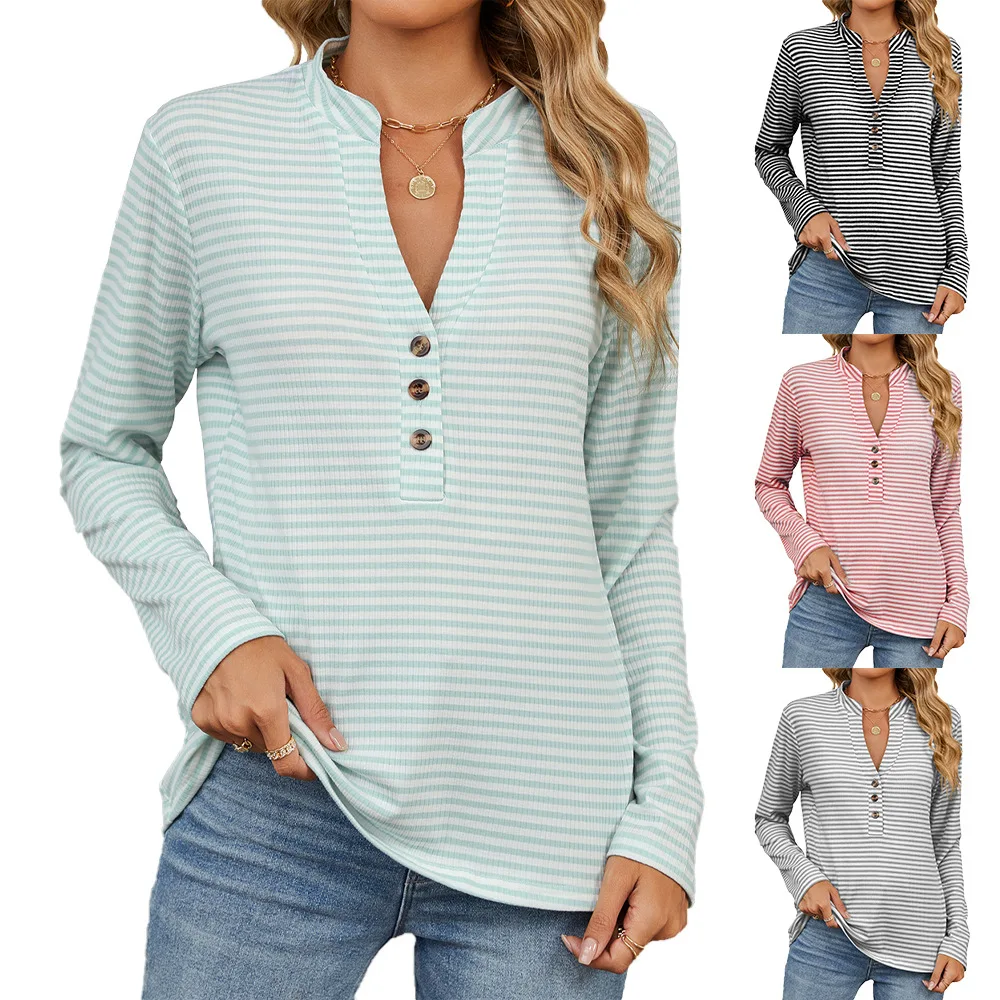

Europe and the United States autumn and winter new V-neck button stripe loose long-sleeved T-shirt blouse woman