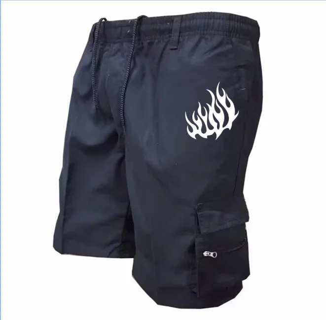 Men's Cargo Shorts White Flame Print Elastic Waist Drawstring Multi Zipper Pocket Casual Summer Streetwear Short Pants
