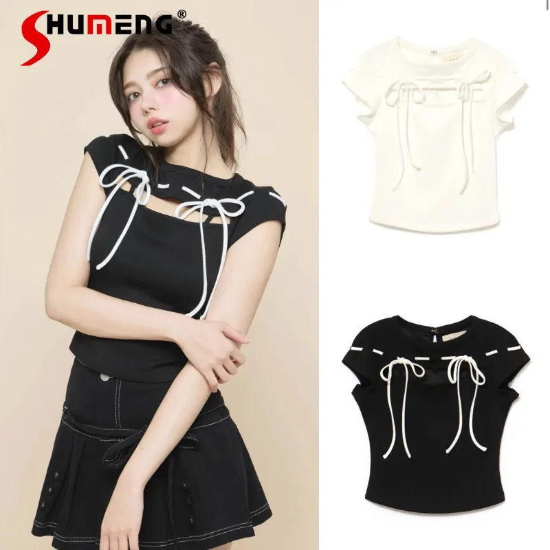 

Japanese Sweet Hollow Bow Lace-up Slim-fitting Short-sleeved Top Tees Women's Black White Color Slim Fit Y2k T Shirt Pullovers