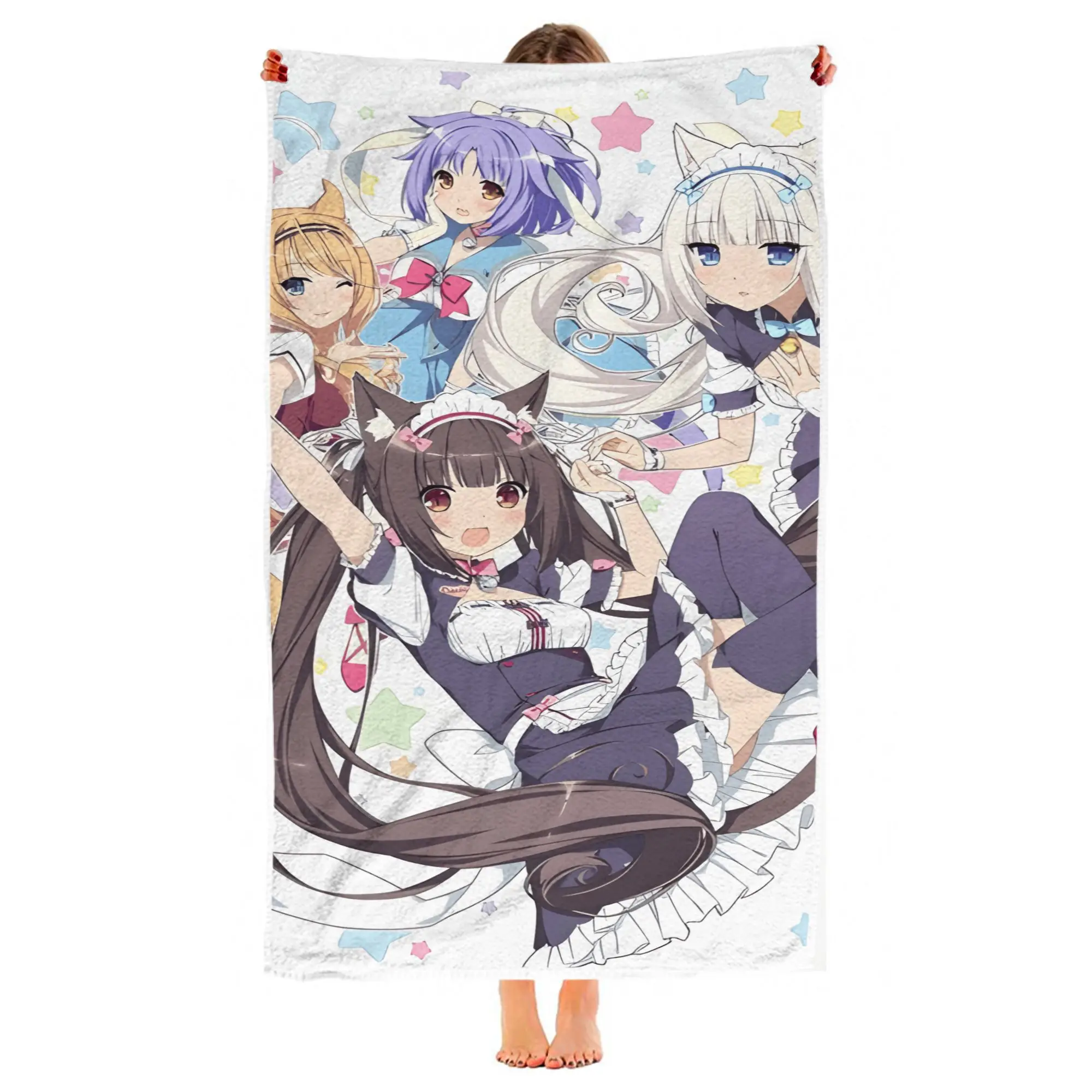 1pc Chibi Nekopara Cat Maid Girls Star Beach Towel Microfiber Quick Dry Bath Towel For Pool Beach Travel Otaku Fans Gift