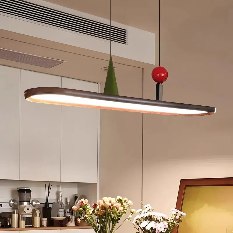 Minimalist Elliptical Iron Pendant Lights Dining Room Restaurant Design Sense Walnut Color Long Strip Revolving LED Hanging Lamp