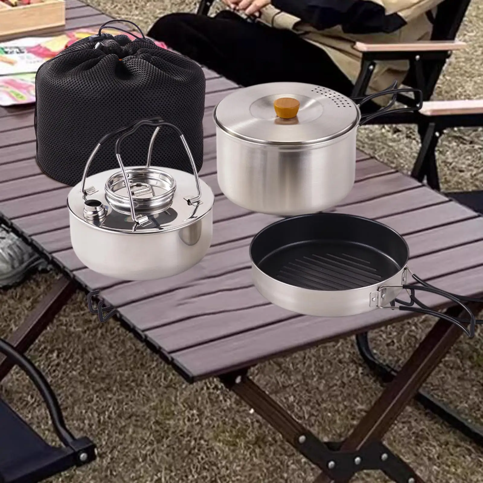 

Camping Mess Kit Outdoor Cookware Stockpot Lightweight Multipurpose 1.5L Kettle Fry Pan for BBQ Outdoor Fishing Travel Picnic