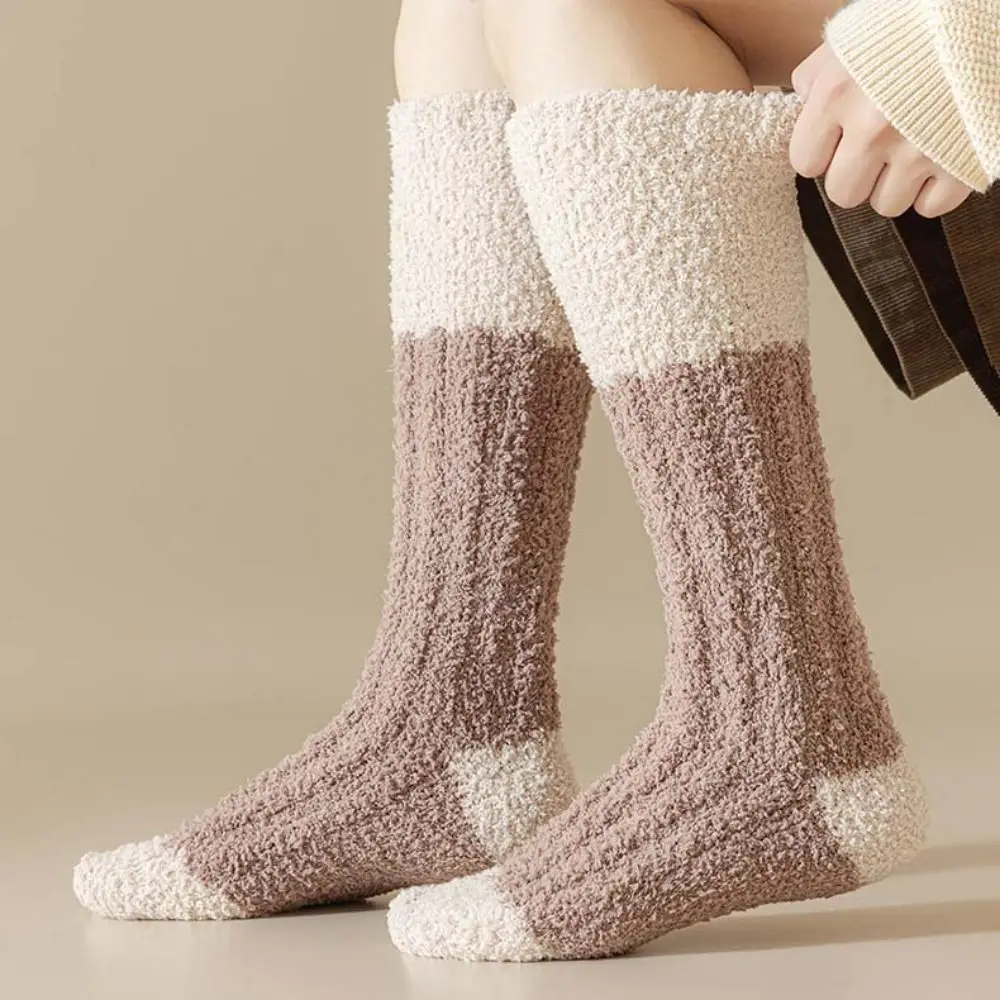 

2Pairs Cute Thicken Warm Coral Fleece Stockings Winter Simple Floor Plush Stockings Hosiery Sleeping Long Tube Socks Couple