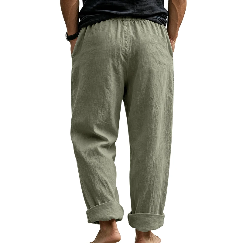 Summer Men Linen Casual Pants Hawaiian Loose Elastic Drawstring Breathable Commute Home Straight Long Trousers With Pockets