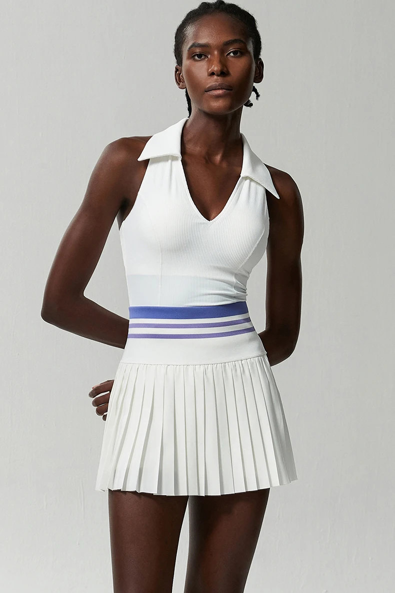 Women Two Pieces Yoga Set Solid Color Gym Top Tennis Skirt Sports Suit Breathable Quick Dry Short Sportswear Workout Clothes