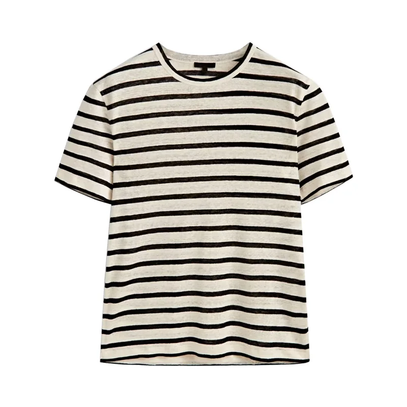 Wygodny Podstawowy Koszulka w Paski z Okrągłym Dekoltem, Krótki Rękaw, Wiosenna Nowość, Uniwersalny, Casualowy, Do Dojazdów do Pracy, Wykonany z Poliestru