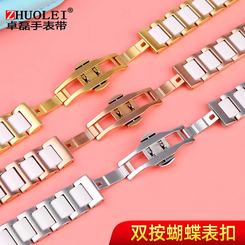 Notch 8 10mm ceramic Stainless steel watchband For Casio Cartier Pasha Folli Follie Wrist band women strap 14 16 18mm bracelet