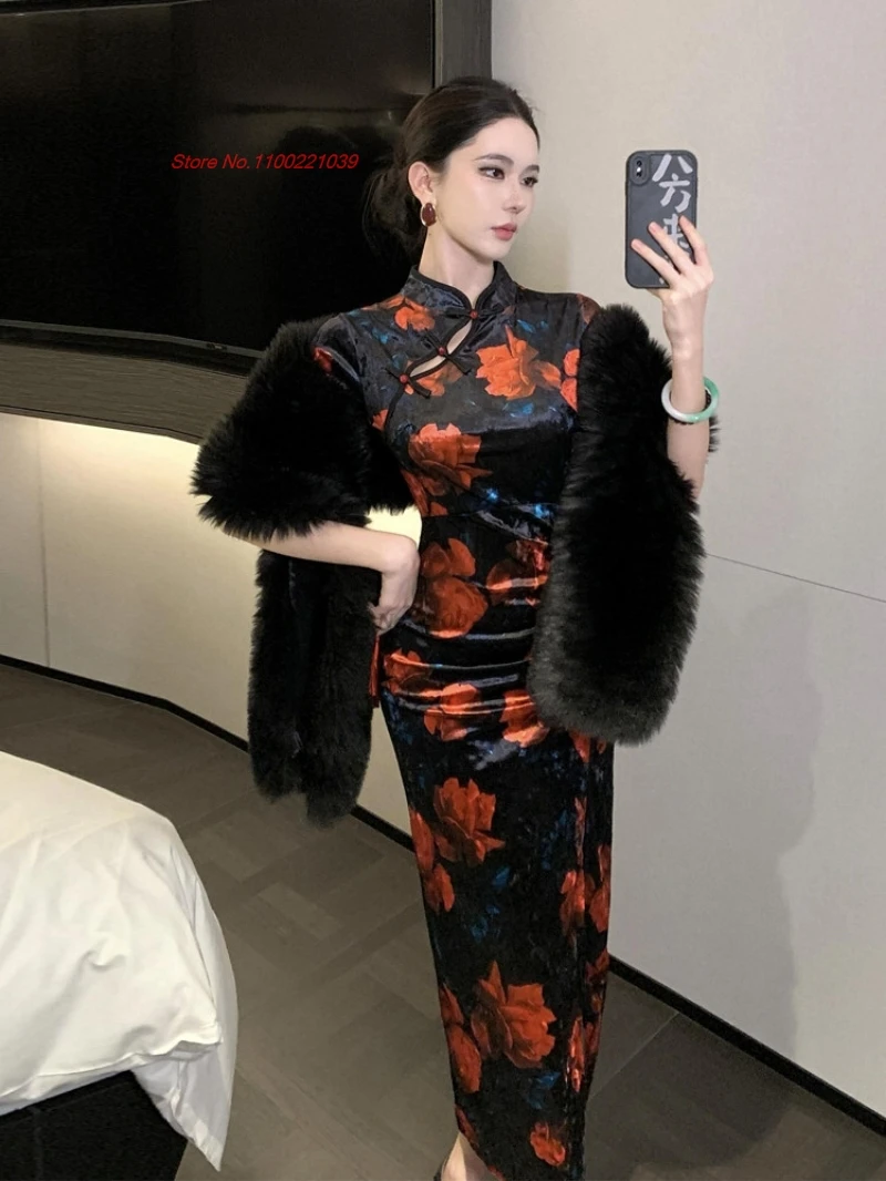 

2026 oriental vintage nightclub dress improved qipao traditional flower print velvet cheongsam retro banquet evening dress qipao