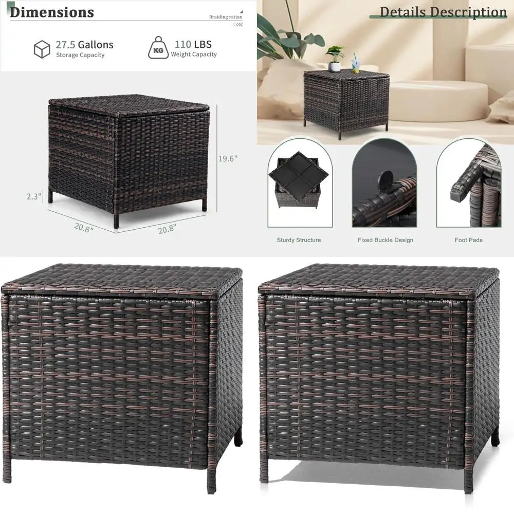 

Коричневый квадратный плетеный ящик для хранения на открытом воздухе с крышкой, приставной столик для патио, двора и веранды