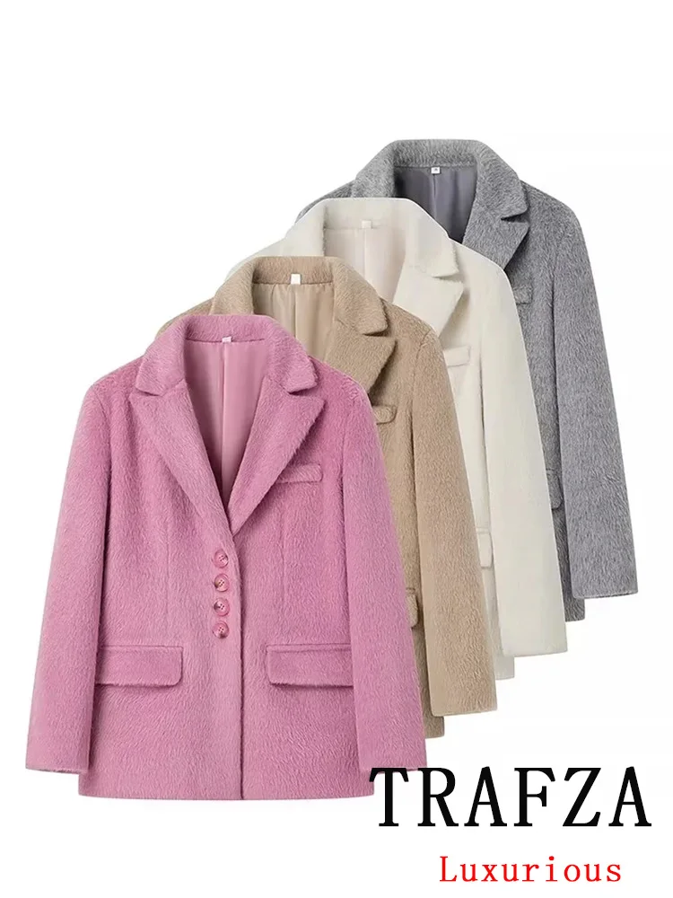 TRAFZA Vintage Chic Women Blazer Solid Single Breasted V Neck Long Sleeve Pockets Thick Blazer Fashion 2024 Office Lady Blazers