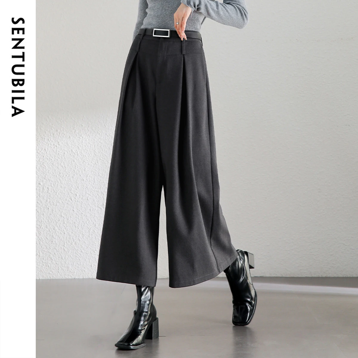 SENTUBILA Wide-leg Skirt Pants Women Office Lady Work High-waist Folds Pockets Ankle-length Pants 2024 Winter Trouser 144K57392