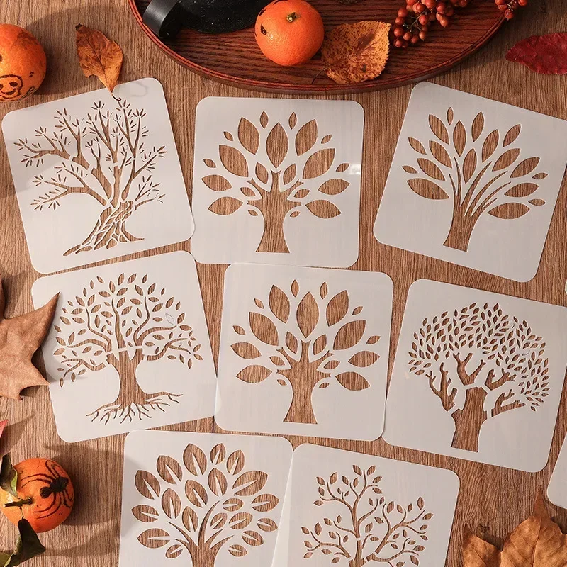 6pcs/set Tree Series Stencils for Painting and Decor Hollow Design Tree Stencil Templates for Scrapbook Journal Student Supplies