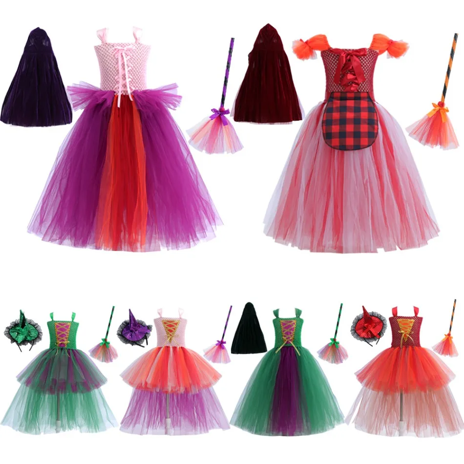Girls Crazy Witch Tutu Dress Costume With Hooded Cape Broom Multi Color Tulle Dress Halloween Carnival Party Fancy Dress ZZ12