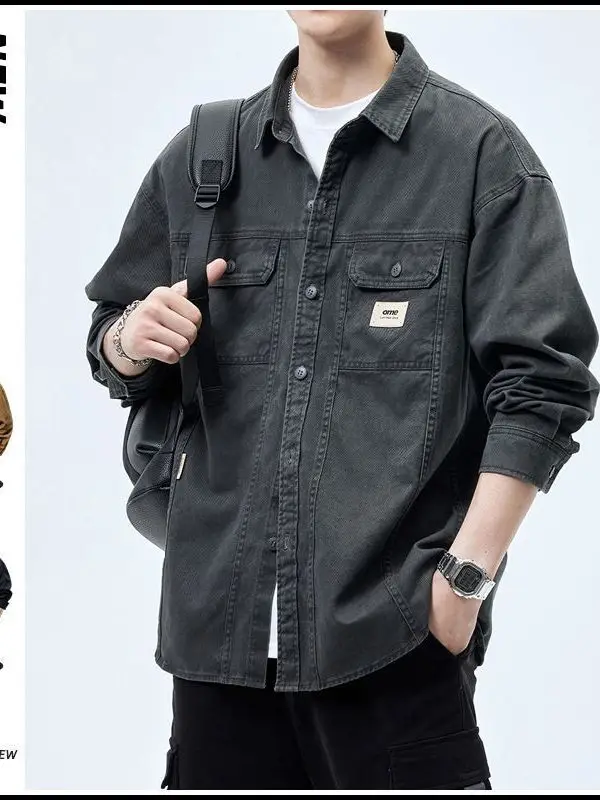 

Retro Waed Denim Workwear Jaet for Men Loose Fit Anti-Wrinkle Spring Autumn New Sle Casual Cotton Long Sve Coat