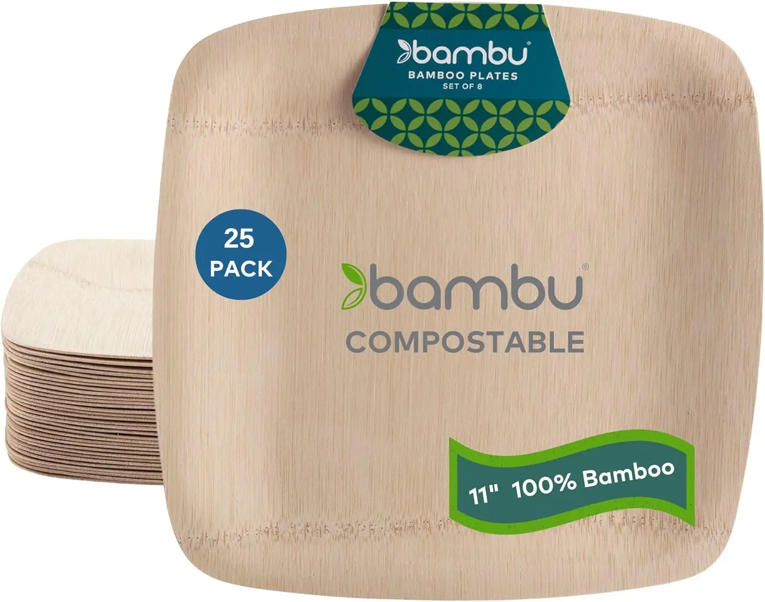 Bambu Pack Of 25 - 11 Inch Disposable Bamboo Plates Square, Biodegradable Eco Friendly Products, Bamboo Disposable Plates For