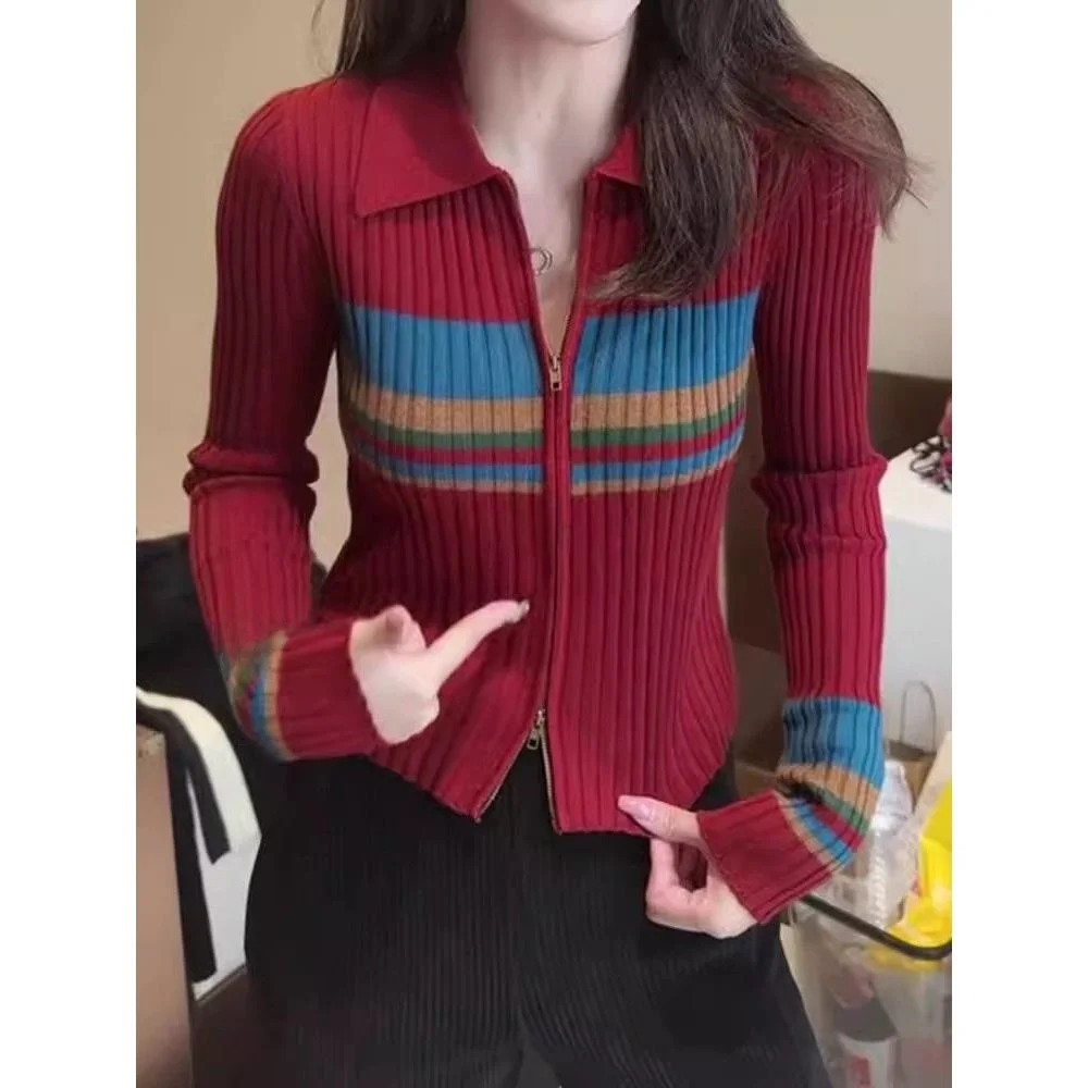 

Elegant Long Sleeve Striped Color Block Knitwear Women's Cardigan Short Outerwear Spring 2026 New Korean Style Casual Innerwear