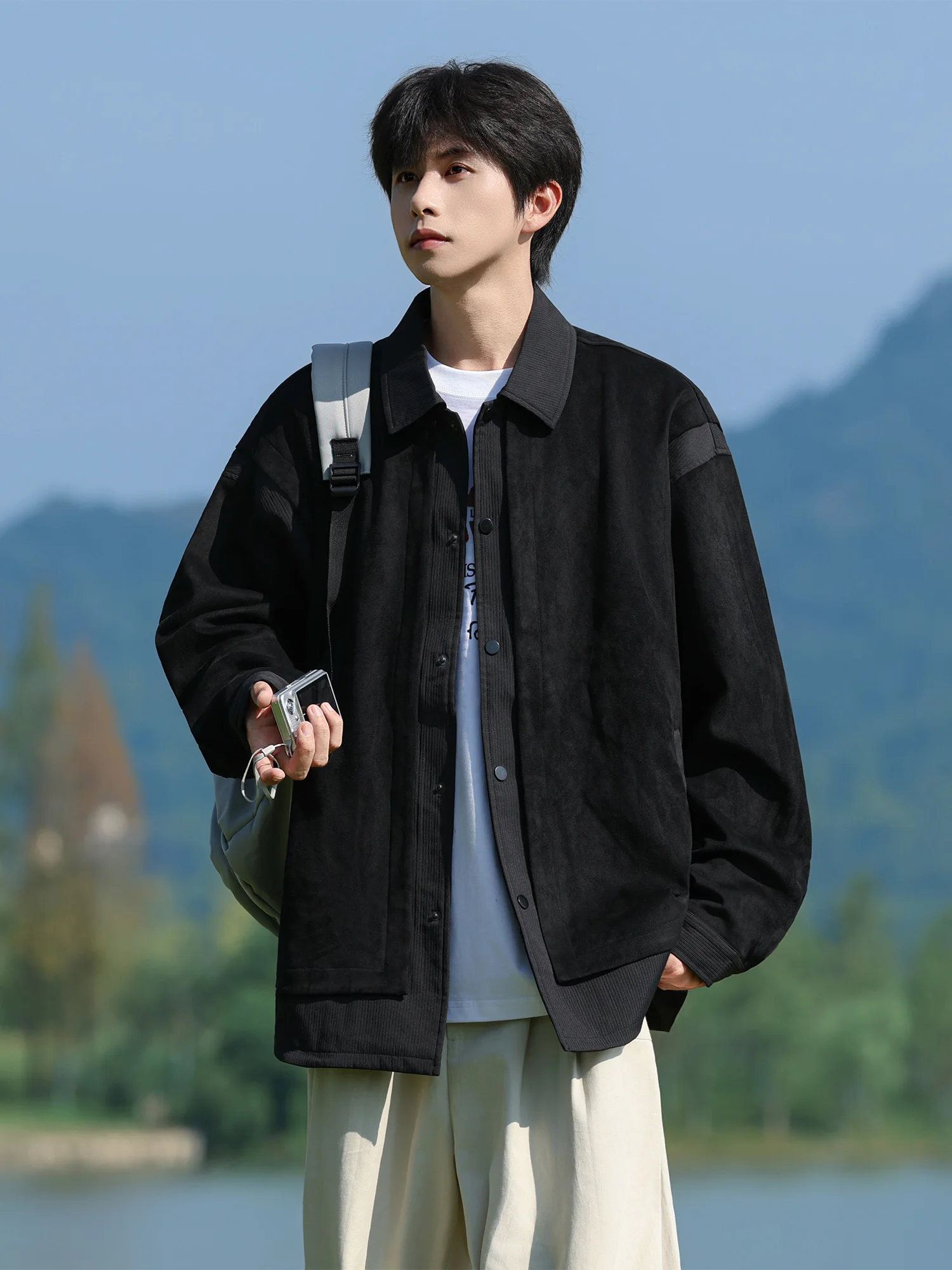 

Casual Oversized Jaet Fake Two-Piece Design Autumn New Sle Men's Loose Fit Polyester Nylon Cosite Fiber Zipper Closure...