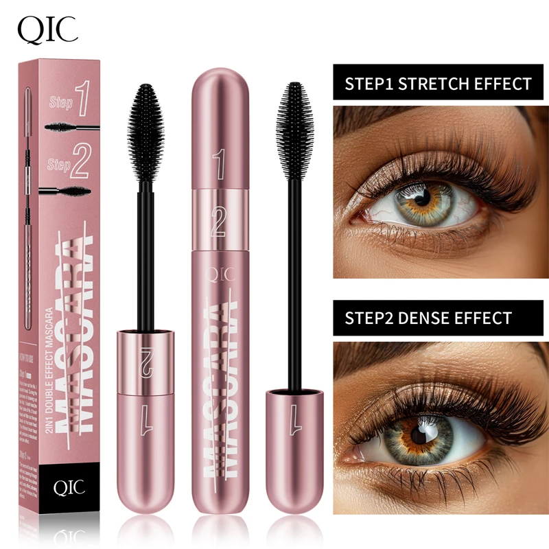 Mascara nero a doppia testa Impermeabile allunga l'estensione delle ciglia Allungamento senza sbavature Volume Mascara in fibra di seta 5D Cosmetici