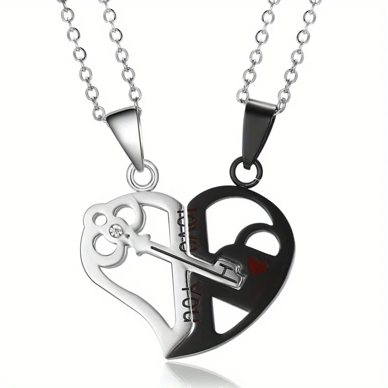 His & Hers Matching Couple Necklaces, Split Heart Lock & Key Pendant Set Silver Black Two-tone Stainless Steel Chain Jewelry, Engraved Love Letter Design Romantic Valentine Anniversary Promise Gift for Lovers