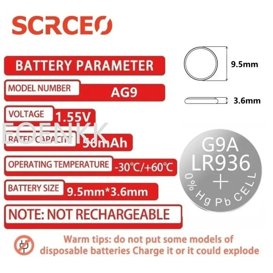 AG9 LR936 100PCS 394 SR936SW CX194 LR45 Button Batteries G9A 194 394A SR936 L936F Cell Coin Watch Toys Remote Battery 1.55V