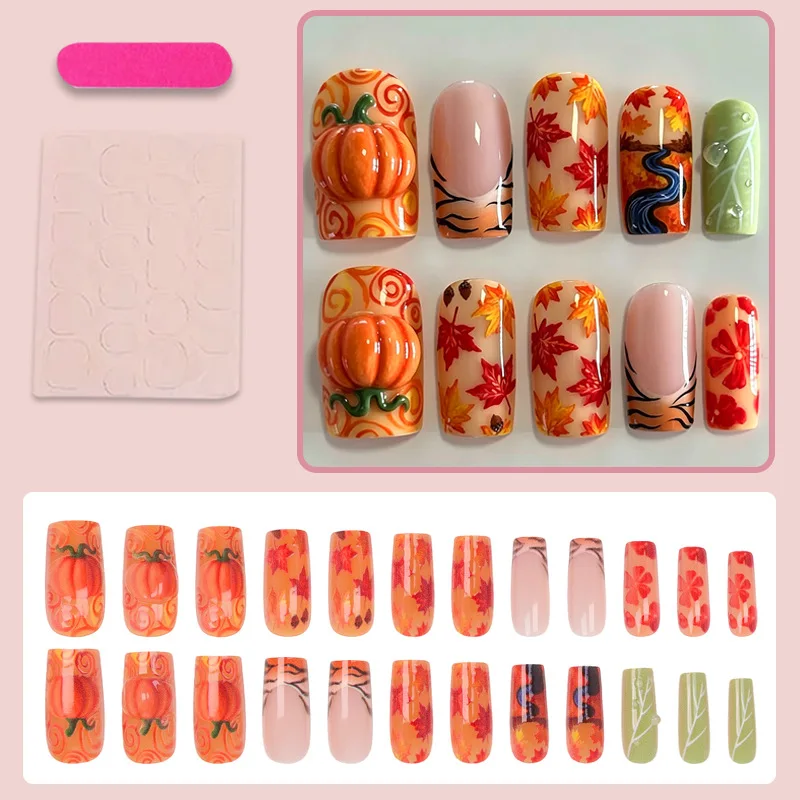 24 Stück Damen- und Mädchen-Maniküre für Halloween, Französischer Stil, Quadratische Künstliche Nägel mit 3D-Kürbis- und Ahornblättermuster, Aufklebenägel – Detail 5