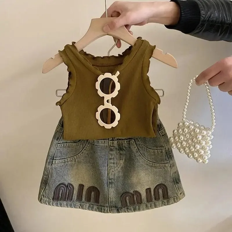 Mädchen bekleidung Set Sommer Mädchen Baby gestrickt Tank Top Letter Top Jeans rock zweiteiliges Set für Kinder