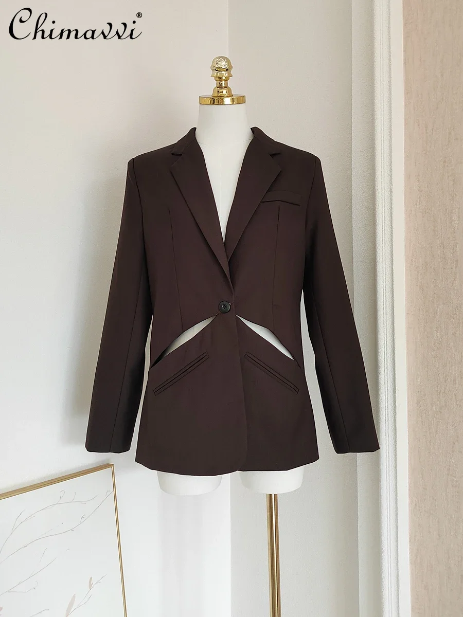 

French Casual Commuter Suit Lapel Long Sleeve Single Button Hollow Out Waist Slim Fit Brown Blazers Jacket Coat Women Autumn