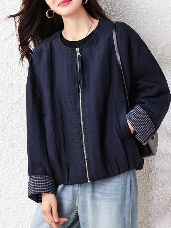 Kurtka damska z zamkiem błyskawicznym, pikowana, duży rozmiar, swobodny styl, rozpinany kardigan, długi rękaw, okrągły dekolt, płaszcz na sezon jesienny.